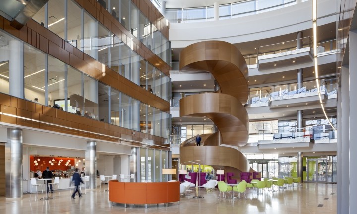 The grand stair in GSK's atrium. Photo by Francis Dzikowski for Robert A.M. Stern Architects, LLP.