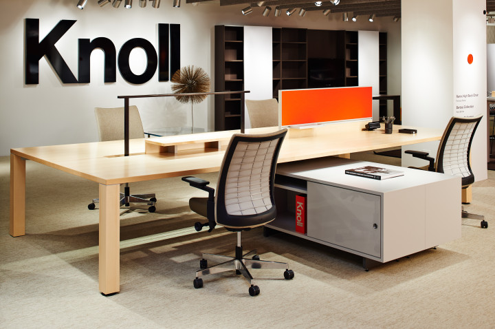 This Knoll farmhouse dining table-inspired benching system is a simple, yet elegant way to turn our workstations into a little piece of home. Image via Knoll.com.