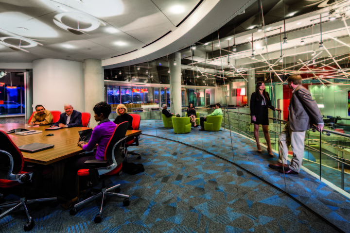 Here, the customer conference center with views to the main entrance and grand atrium.