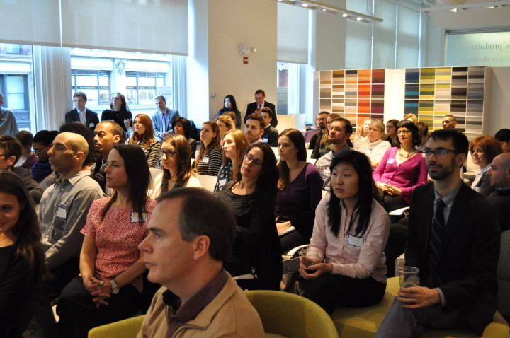 The audience listens to opening remarks from Seema Pandya (co-chair of IIDA NY Sustainability Committee), Mary Beth Sullivan (VP, Teknion), and Jessica Cooper. Photo by