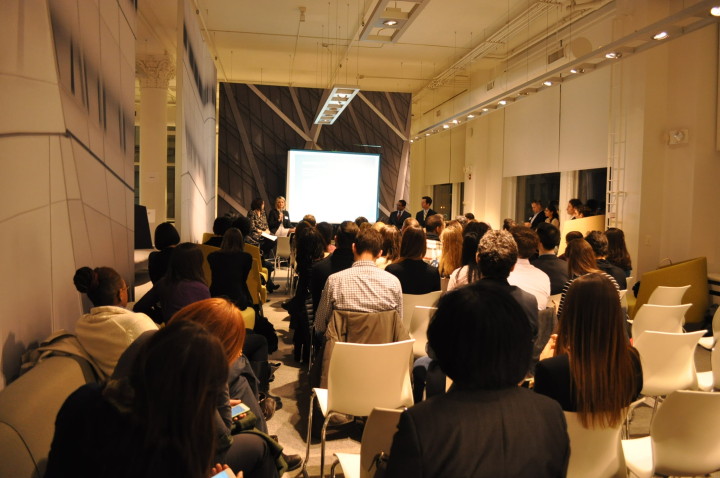 Closing remarks at Teknion showroom, thanks to the exciting topic, and everyone having moved around over the course of the evening (from break out to breakout), audience was still attentive and engaged well past 8 PM. Photo by Janani Kannan.