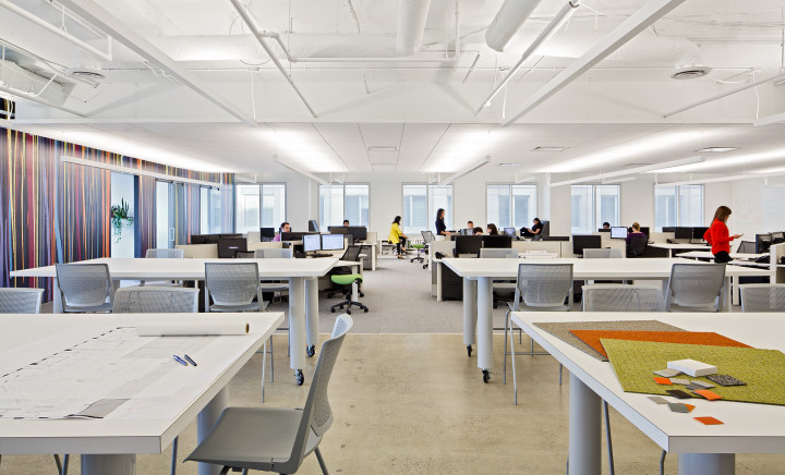 The design studio at FOX is a collaborative, open space that supports both team and individual work. It also doubles The dedicated space also doubles as a communal area for lunch and other informal gatherings. Photo by Ron Blunt.