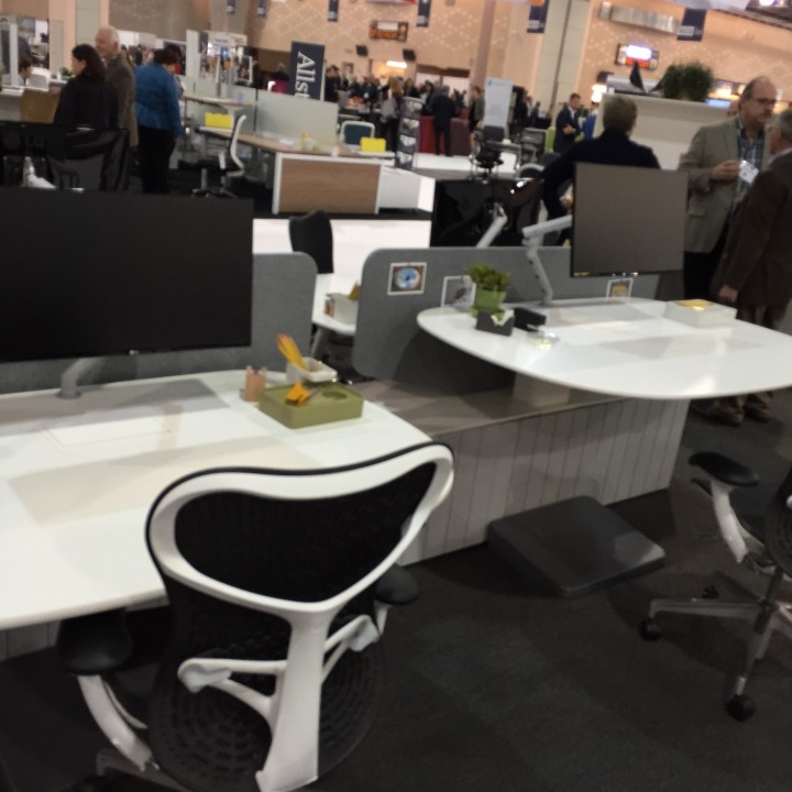 Herman Miller's "Gather" desk from their Locale collection. They've made it wider and rounder for easier access should colleagues want to stand and chat. Photo by Natalie Grasso.