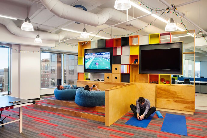 A wellness zone offering space for yoga, gaming and other activities gives the team plenty of refresh options. Photo Courtesy of Ansel Olson.