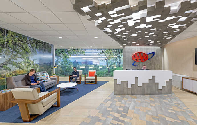 The reception area of AAA's Northern California Nevada Utah new offices. Image courtesy of HGA. 