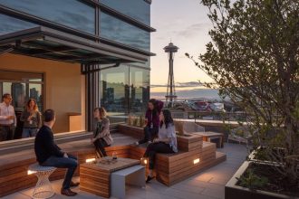 This outdoor space, with its Space Needle view, is a great place for employees to unwind or catch a breath of fresh air. Image courtesy of Bill Timmerman.