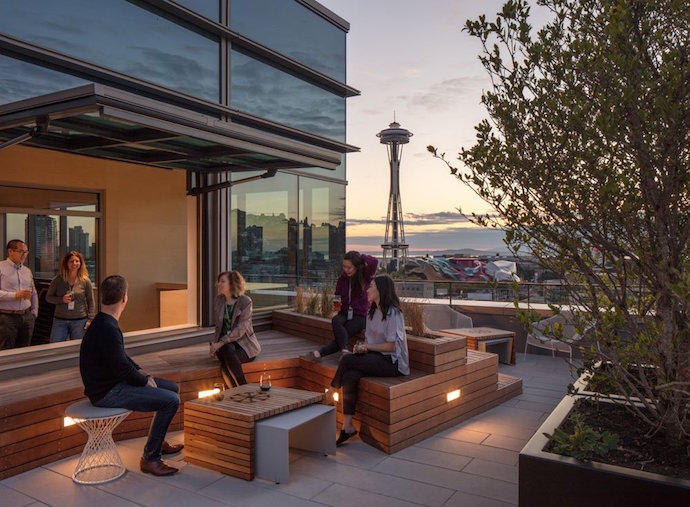 This outdoor space, with its Space Needle view, is a great place for employees to unwind or catch a breath of fresh air. Image courtesy of Bill Timmerman. 