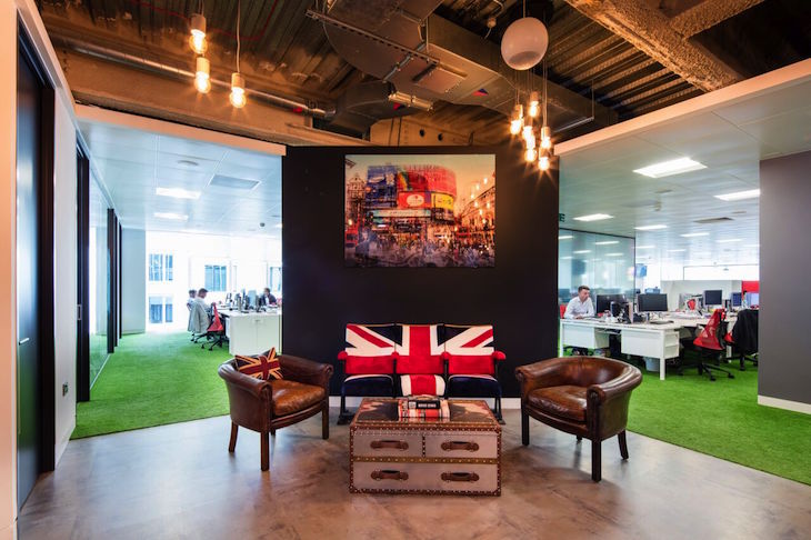 The new office features British design flourishes, including the Union Jack. Image courtesy of Spencer Ogden. 